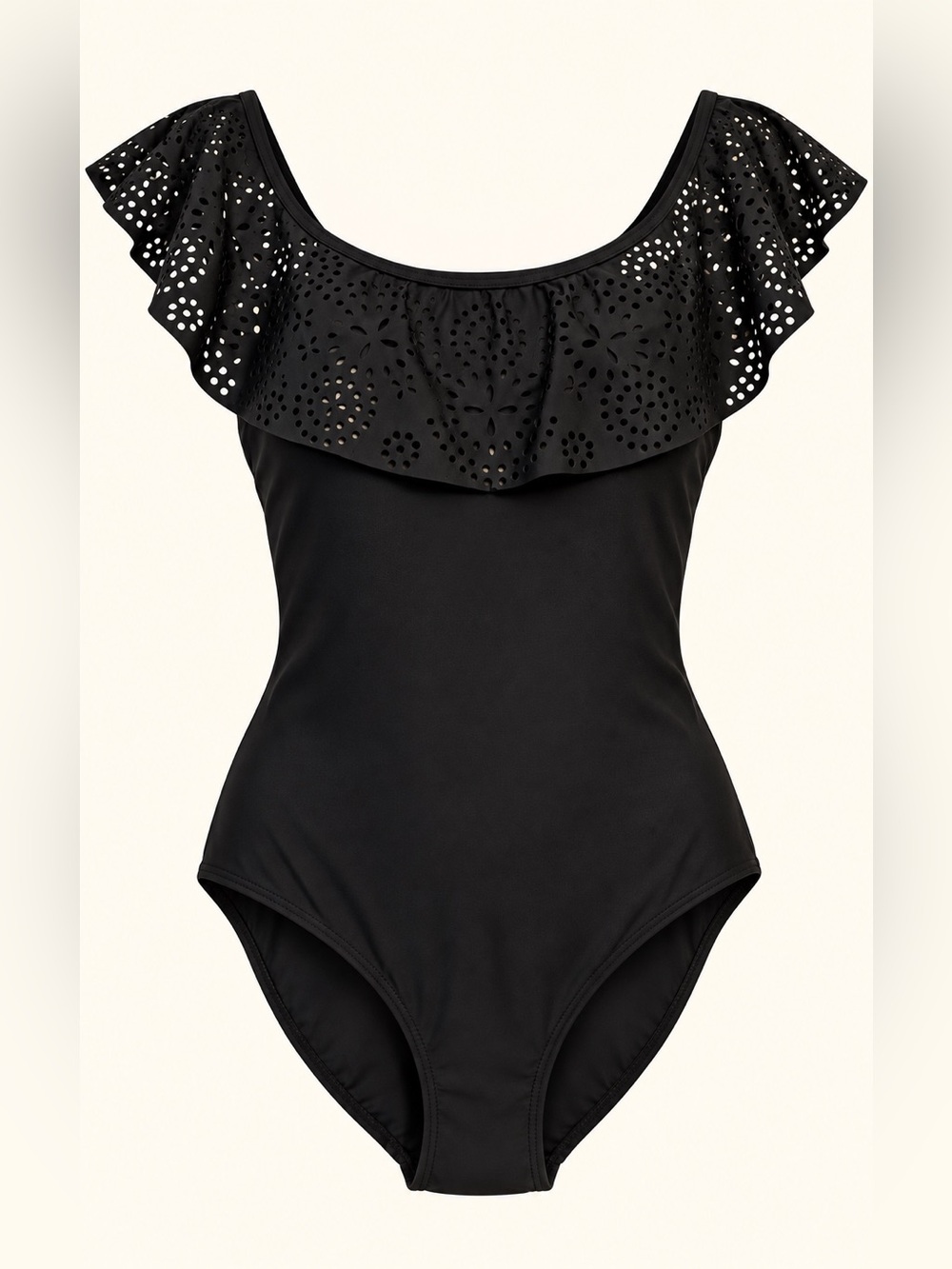 Dark Navy/Black Laser Cut Elasticized Neckline One Piece Swimsuit EUC S #2787